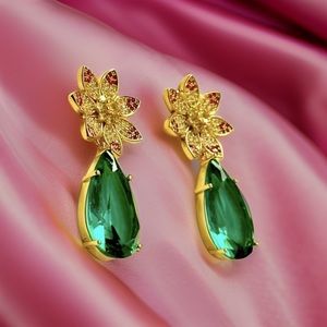 New Emerald Lotus gold plated cubic zirconia earrings